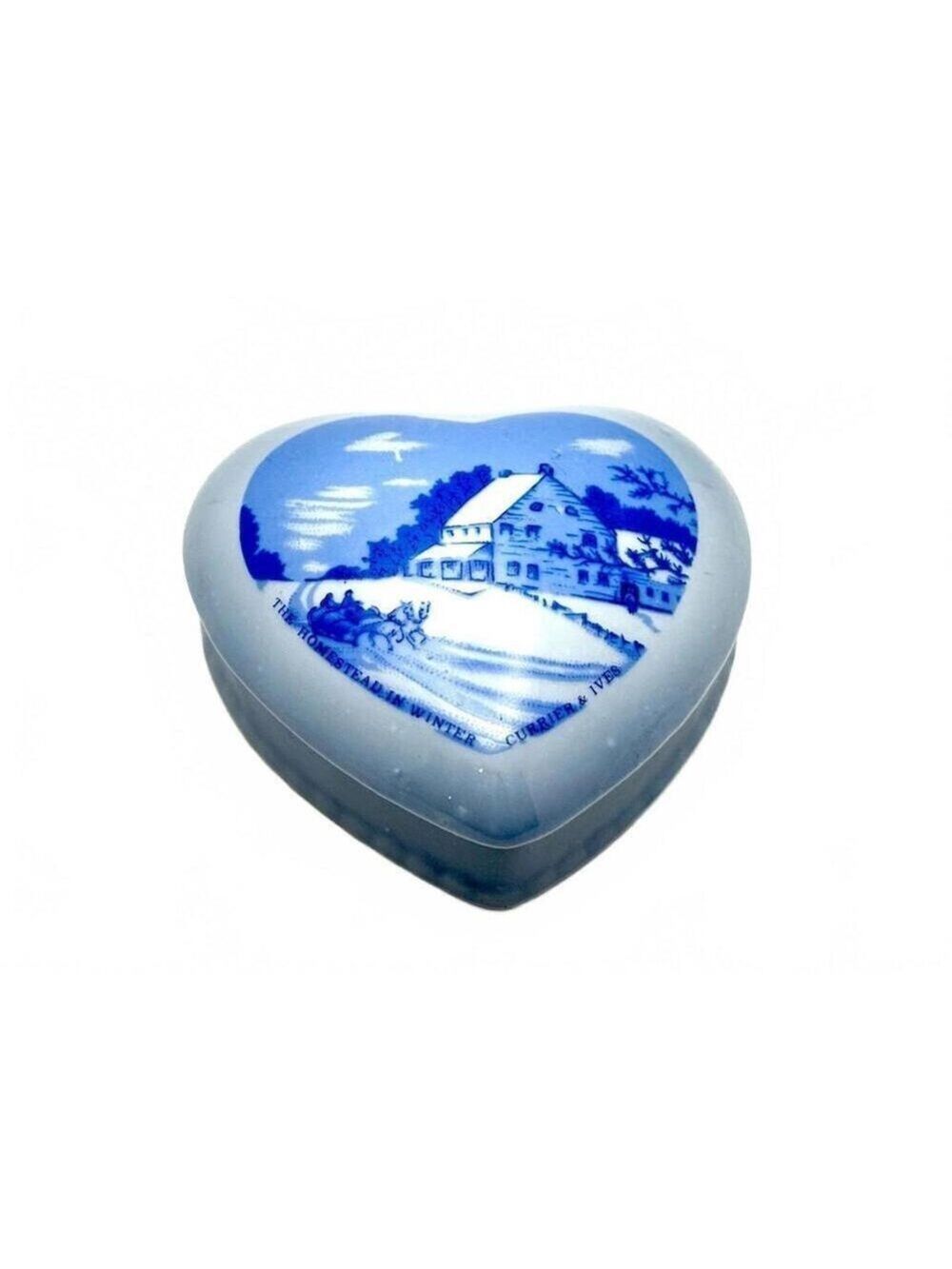 Vintage Currier & Ives The Homestead Winter Heart-Shaped Porcelain Trinket Box